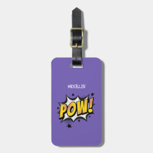Pow fun pop art comic style typography callout luggage tag
