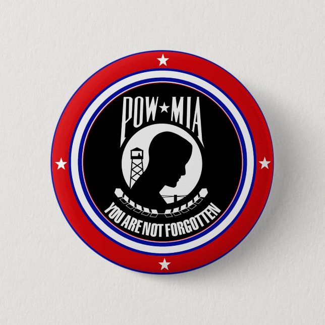 POW MIA - RED WHITE AND BLUE 2 INCH ROUND BUTTON (Front)