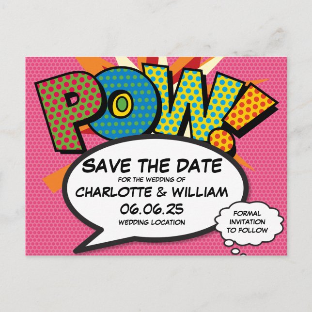 POW Save the Date Fun Retro Comic Book Pop Art Announcement Postcard (Front)