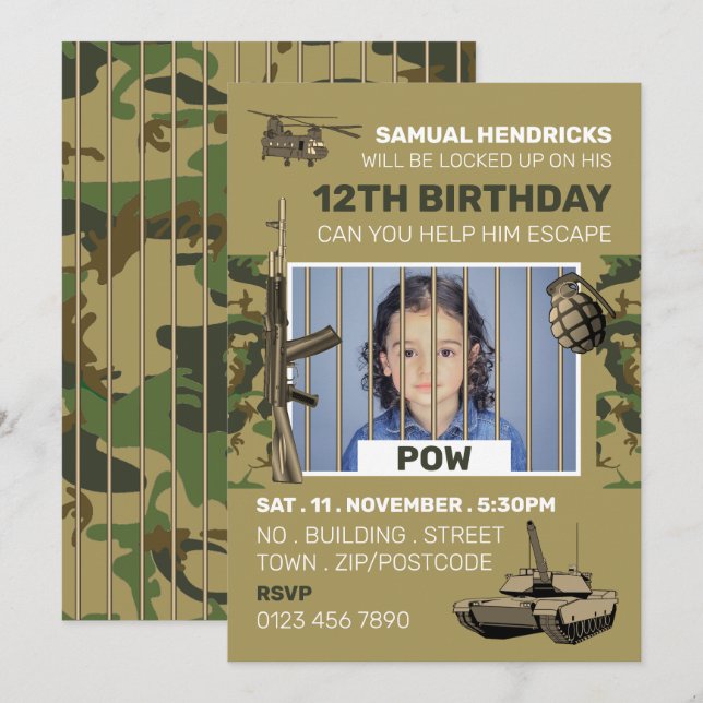POW, War Themed Escape Room, Birthday Party Invitation (Front/Back)