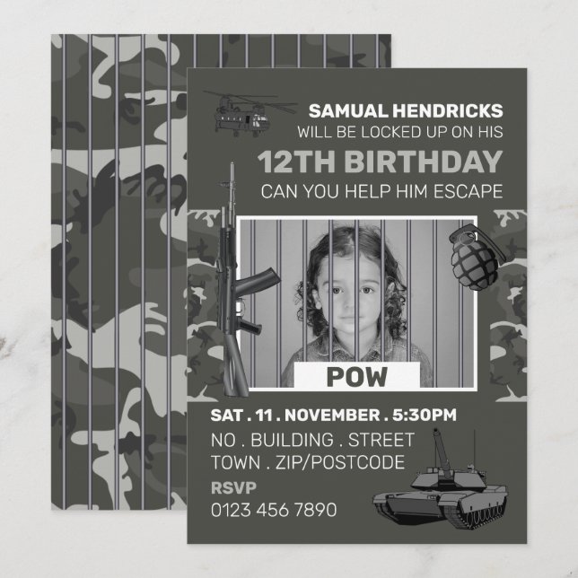 POW, War Themed Escape Room, Birthday Party Invitation (Front/Back)