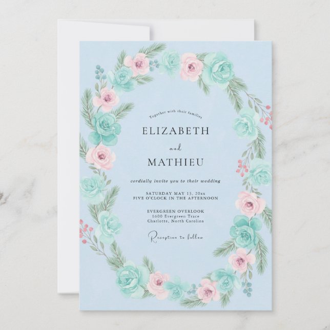 Powder Aqua Wreath Wedding Invitation (Front)