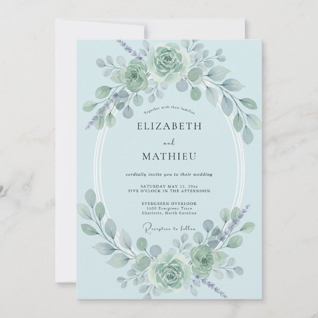 Powder Azure Eucalyptus Wedding Invitation (Front)