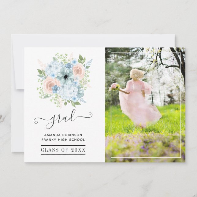 Powder Blue and Blush Pink Floral Graduation Photo Announcement (Front)