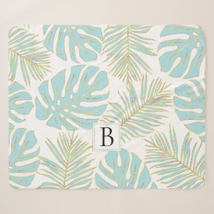 Powder blue and gold tropical leaves and monogram sherpa blanket