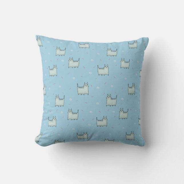 Powder Blue and Grey Whimsical Cats Pattern Throw Pillow (Front)