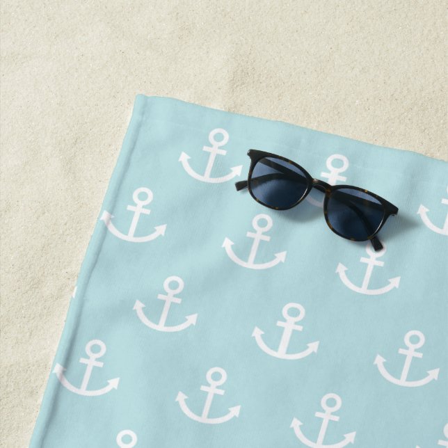 Powder Blue and White Anchor Pattern Beach Towel (In Situ)