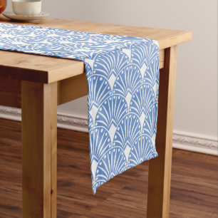 Powder blue and white Art Deco pattern Long Table Runner
