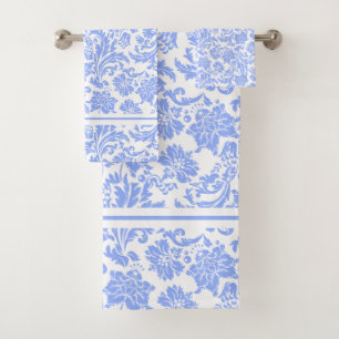 Powder Blue and White Floral Damask Bath Towel Set
