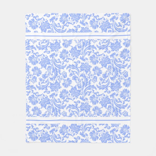 Powder Blue and White Floral Damask Fleece Blanket (Front)