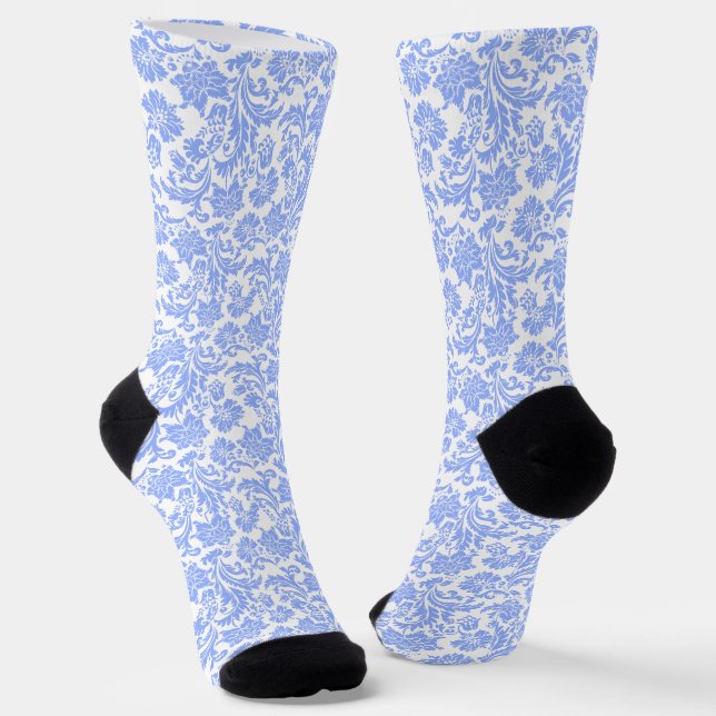 Powder Blue and White Floral Damask Socks (Angled)