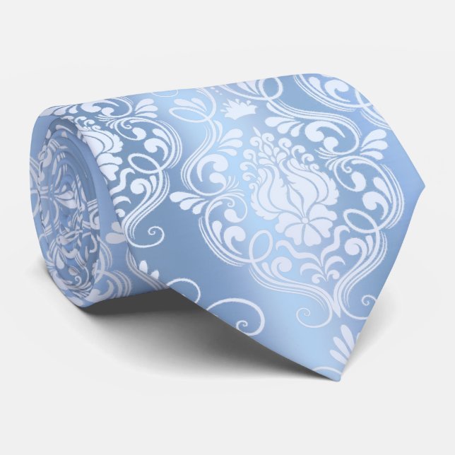 Powder Blue Baroque Floral – Elegant Statement Tie (Rolled)