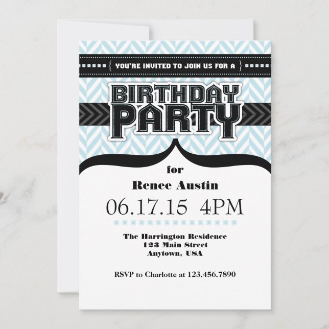 Powder Blue Black Herringbone Birthday Invite (Front)