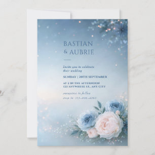 Powder Blue Blush Floral Corner Wedding Invitation