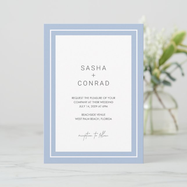 Powder Blue Bold Border Modern Wedding Invitation (Standing Front)