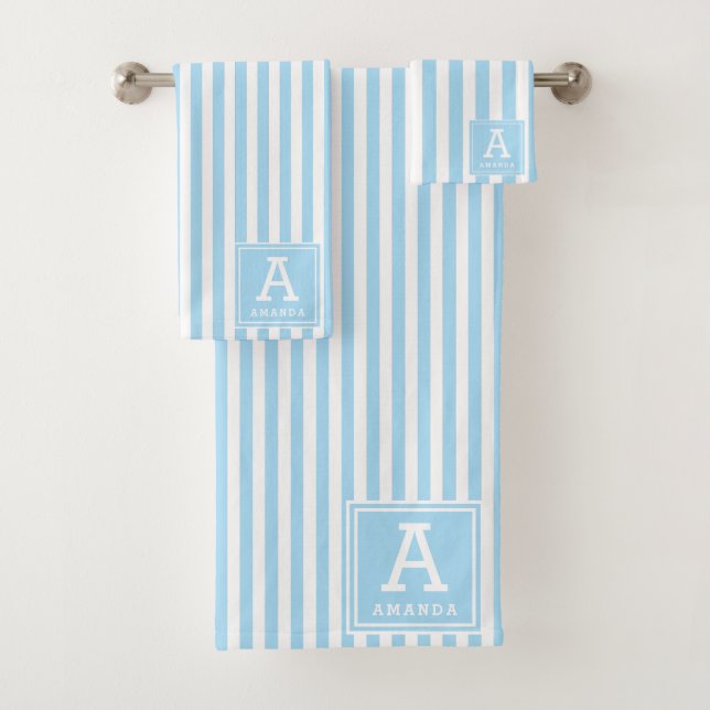 Powder Blue Cabana Stripes Monogrammed Initial Bath Towel Set (Insitu)