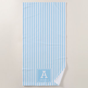 Powder Blue Cabana Stripes Monogrammed Initial Beach Towel