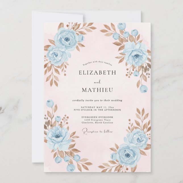 Powder Blue Copper Leafy Wedding Invitation (Front)