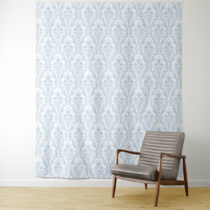 Powder Blue Damask on White Floral Swirl Backdrop Tapestry