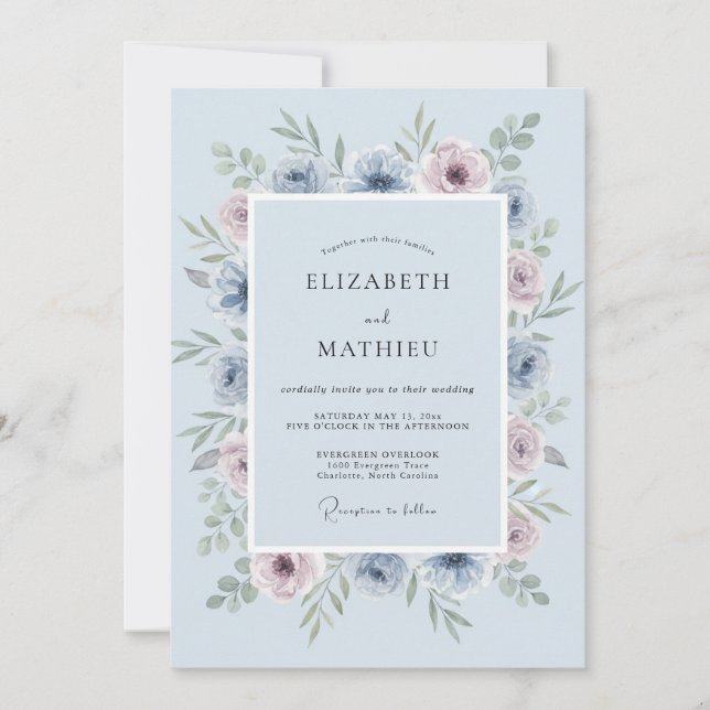 Powder Blue Dewy Spring Wedding Invitation (Front)