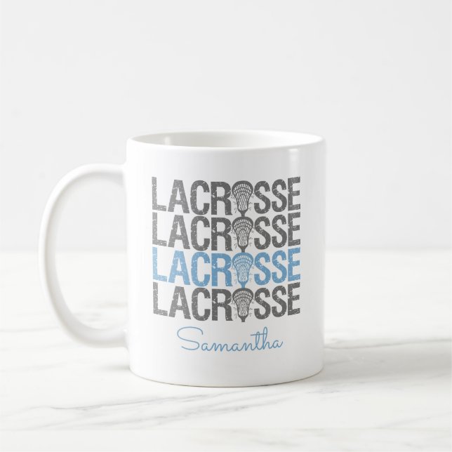 Powder Blue Distressed Lacrosse Word Coffee Mug (Left)