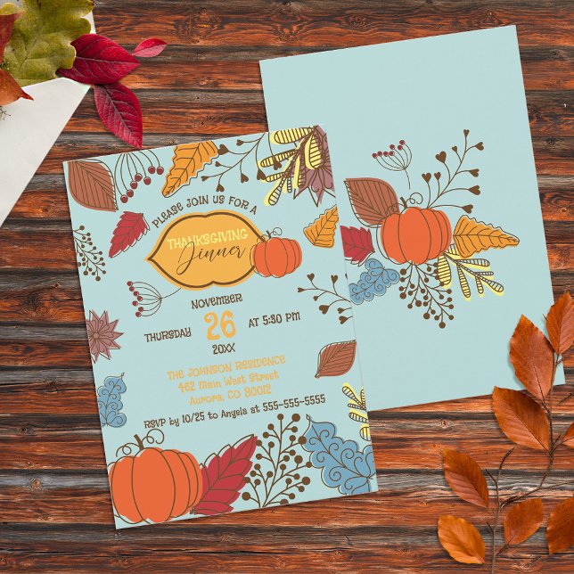 Powder Blue Doodle Pumpkin Thanksgiving Dinner Invitation (Creator Uploaded)