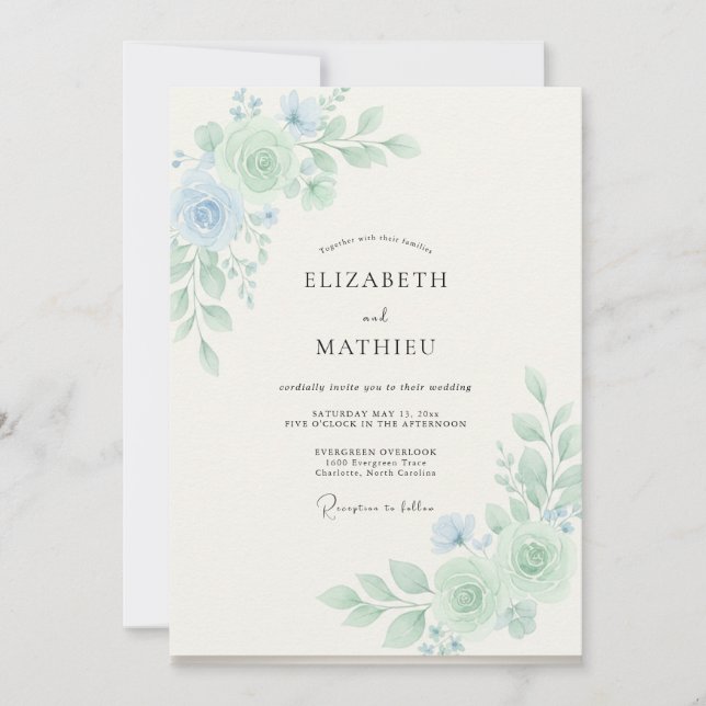 Powder Blue Dreamy Botanical Wedding Invitation (Front)