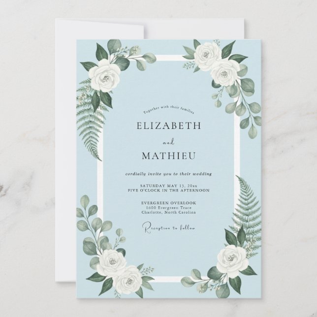 Powder Blue Fern Wedding Invitation (Front)