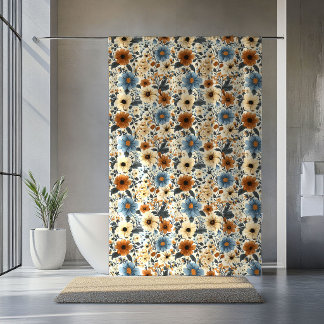 Powder Blue Floral Terracotta Boho Bath Curtain