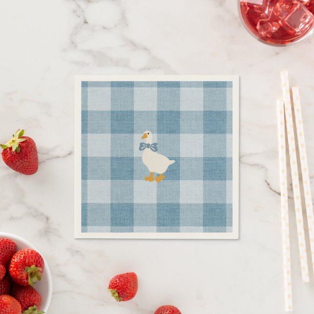 Powder Blue Gingham Goose Baby Shower Check Napkin (Insitu)