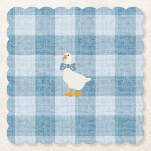 Powder Blue Gingham Goose Baby Shower Check Paper Coaster