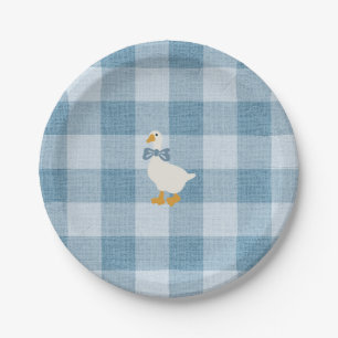 Powder Blue Gingham Goose Baby Shower Check Paper Plate