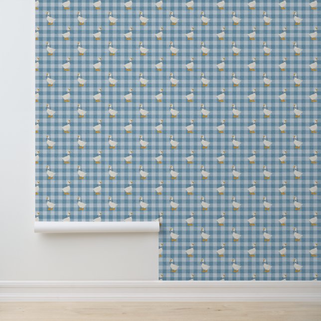 Powder Blue Gingham Goose Buffalo Check Nursery Wallpaper (Application)