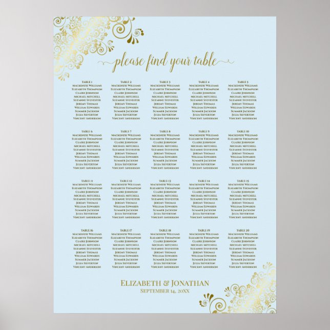 Powder Blue & Gold 20 Table Wedding Seating Chart (Front)