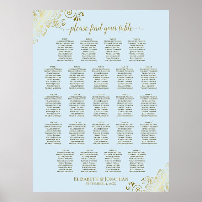 Powder Blue & Gold 23 Table Wedding Seating Chart (Front)