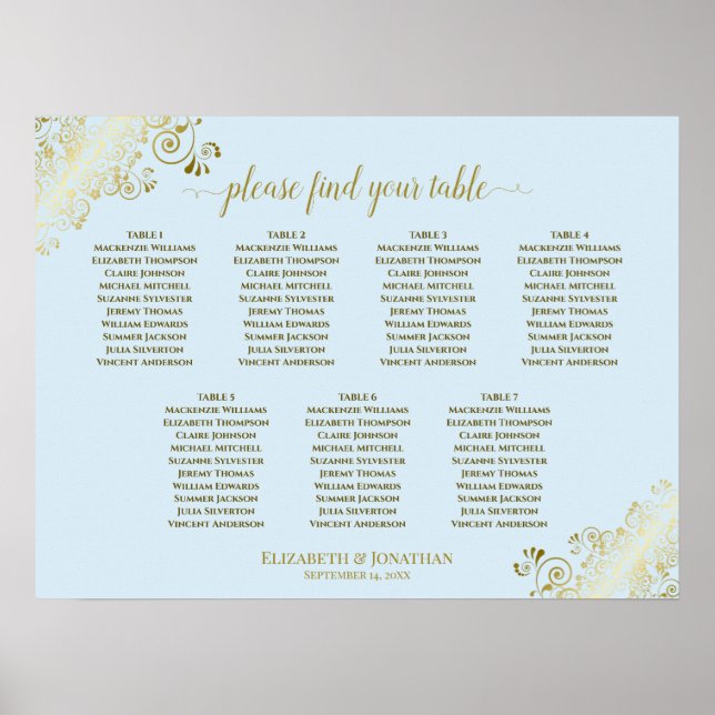 Powder Blue & Gold 7 Table Wedding Seating Chart (Front)