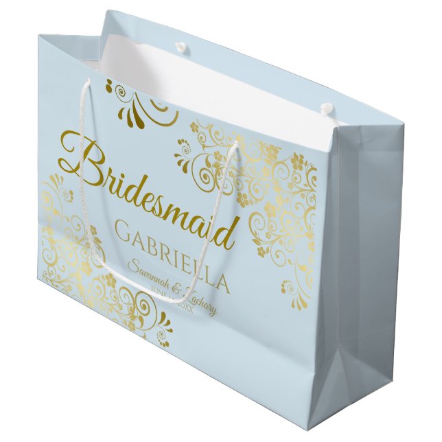 Powder Blue & Gold Lace Elegant Bridesmaid Large Gift Bag (Front Angled)
