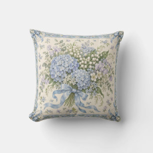 Powder Blue Hydrangea Bow Lace Frame Throw Pillow