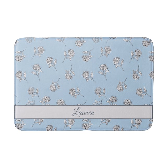Powder Blue Hydrangea Floral Pattern Monogram Bath Mat (Front)