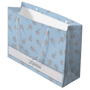 Powder Blue Hydrangea Floral Pattern Monogram Large Gift Bag