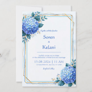 Powder Blue Hydrangea Gold Frame Wedding Invitation