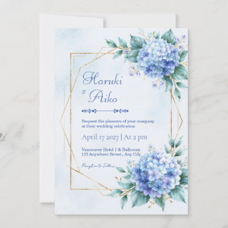 Powder Blue Hydrangea Gold Wedding Invitation