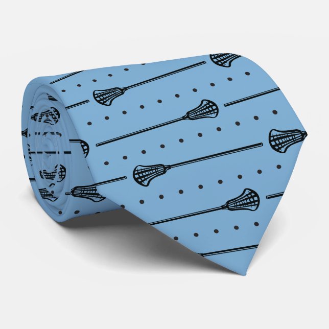 Powder Blue Lacrosse Black Sticks & Dots Pattern Tie (Rolled)