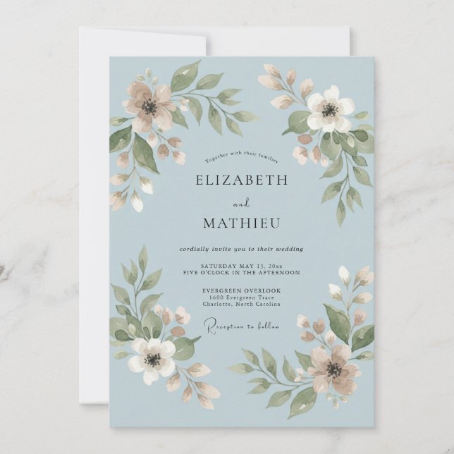 Powder Blue Leaf Wedding Invitation (Front)