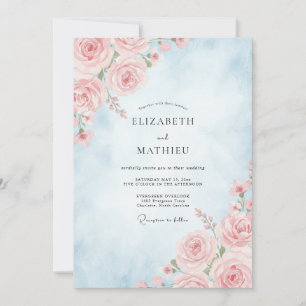 Powder Blue Pale Blush Rose Wedding Invitation
