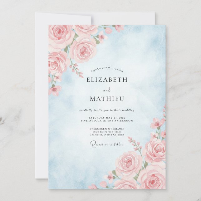 Powder Blue Pale Blush Rose Wedding Invitation (Front)