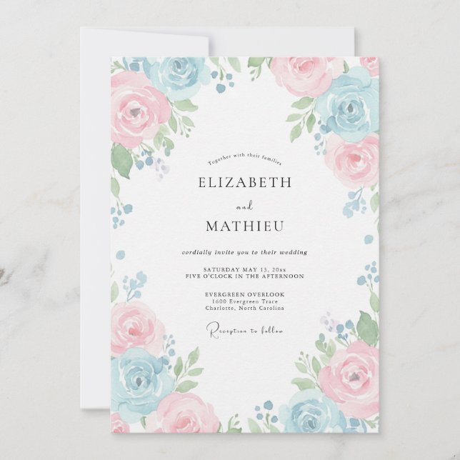 Powder Blue Pink Petal Wedding Invitation (Front)