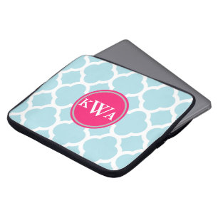 Powder Blue Quatrefoil Fancy Label Monogram Laptop Sleeve