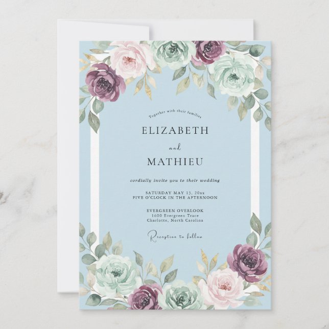 Powder Blue Ranunculus Eucalyptus Wedding Invitation (Front)
