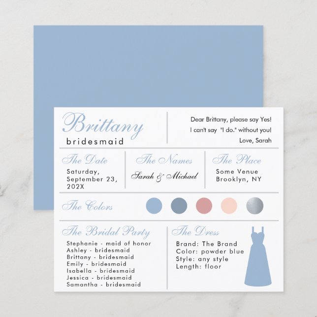 Powder Blue Silver Bridesmaid Information Card (Front/Back)